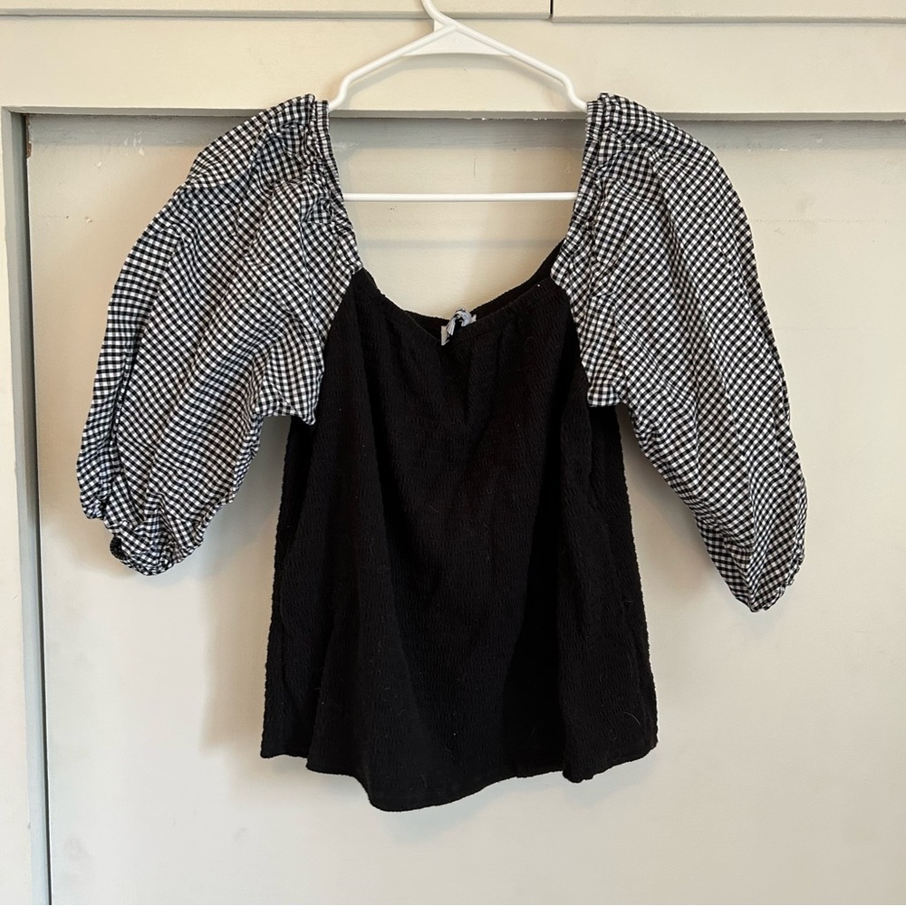 Anthropologie Gingham Puff Sleeve Ruched Top